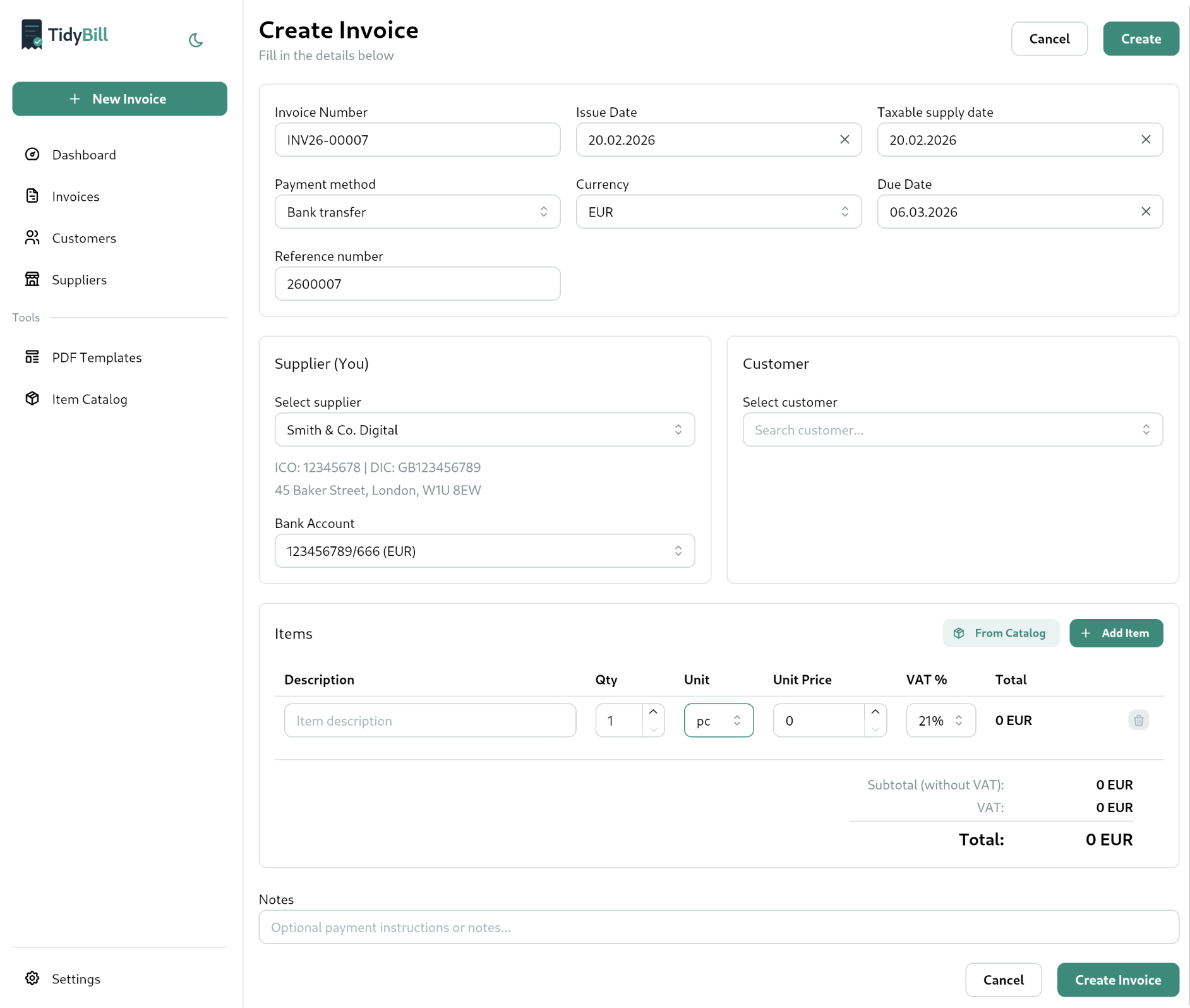 Vytváření nové faktury s našeptáváním položek