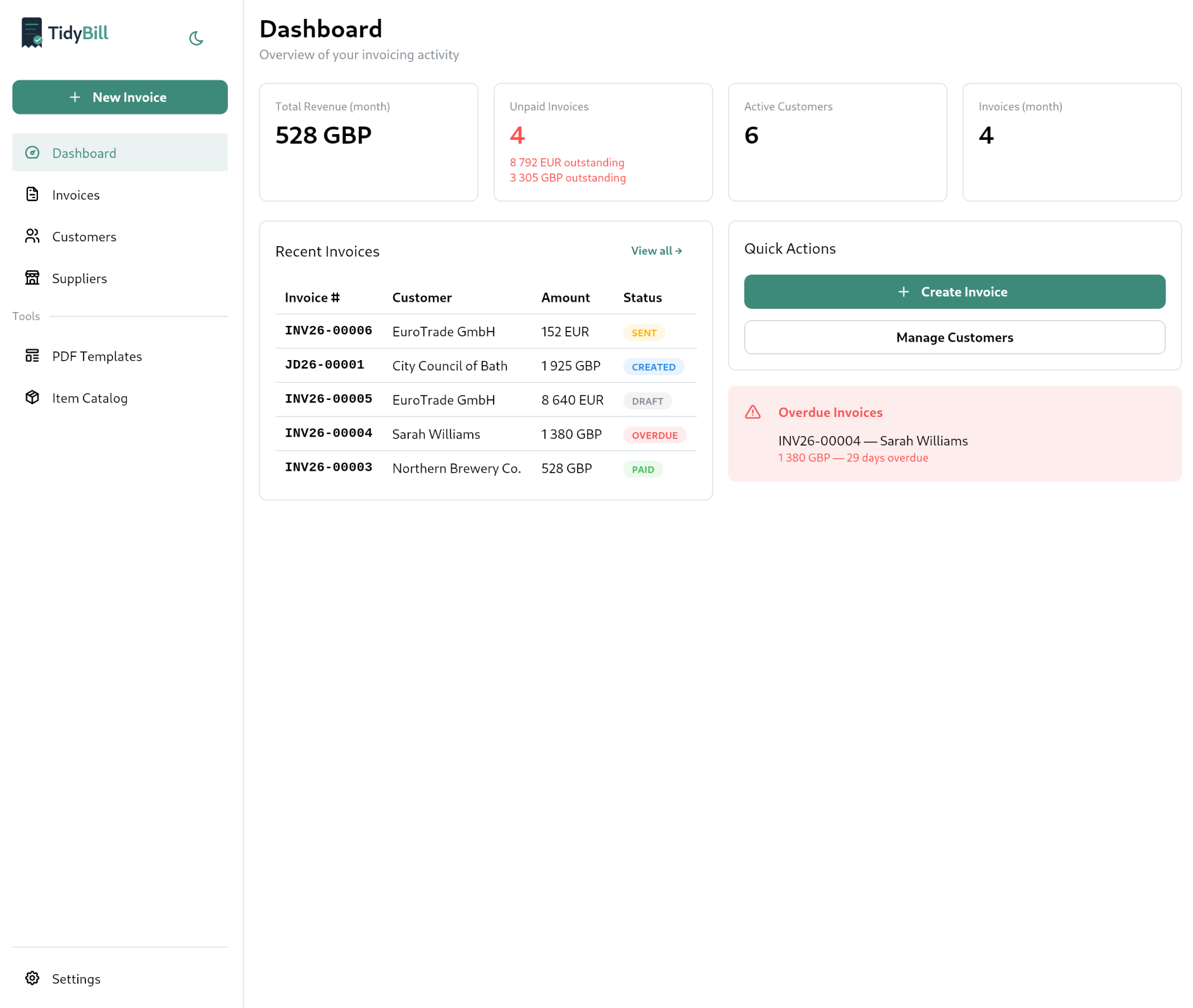 Přehled všech faktur s ikonami stavu